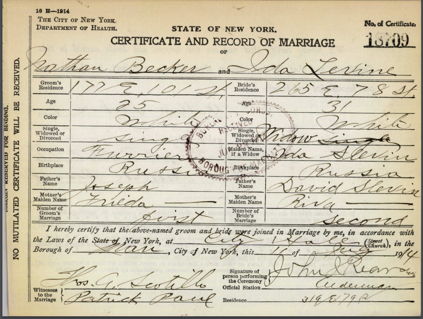 Ida and Nathan marriage certificate