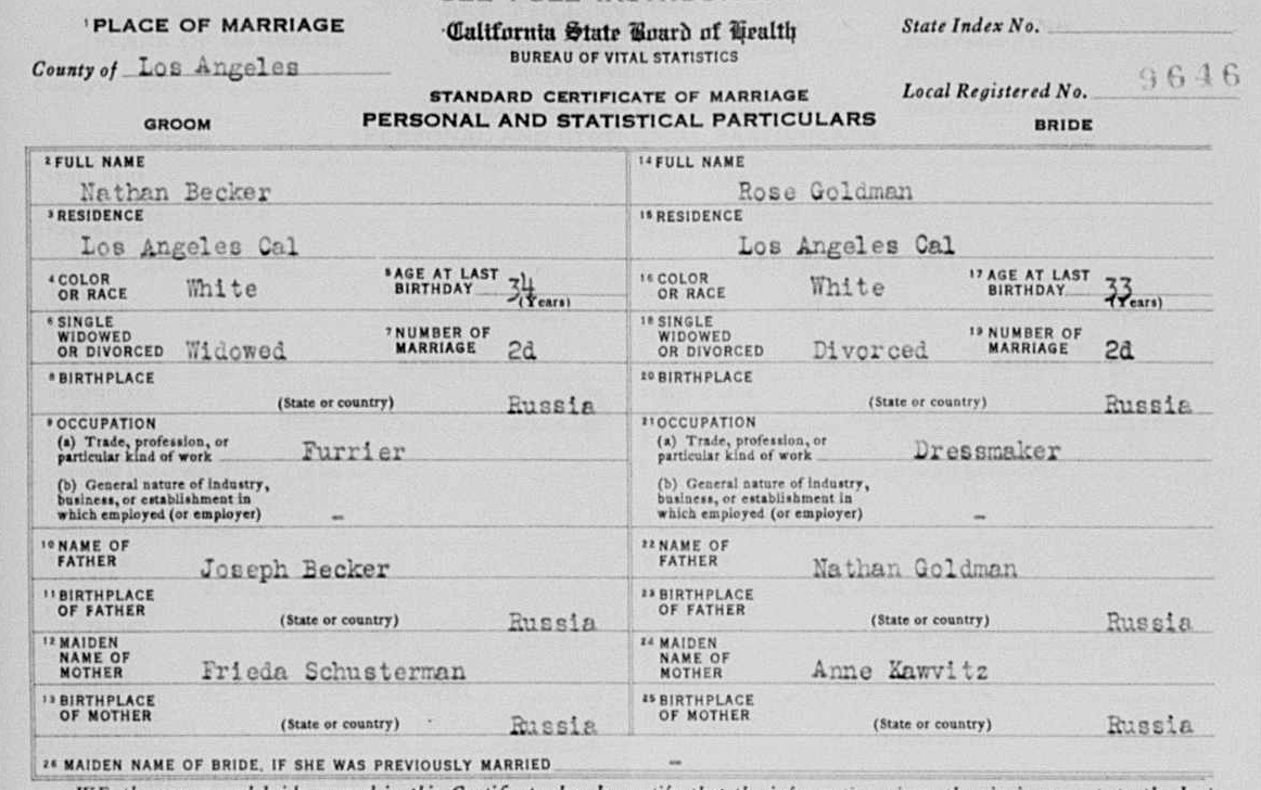 Marriage license of Nathan Becker and Rose