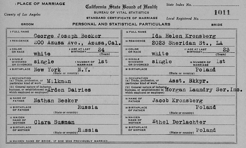 Marriage license of George Becker and Ida
